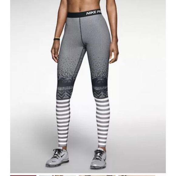 Nike Pants - Nike Pro HyperWarm Leggings Black White Gray Striped Training Womens size S.